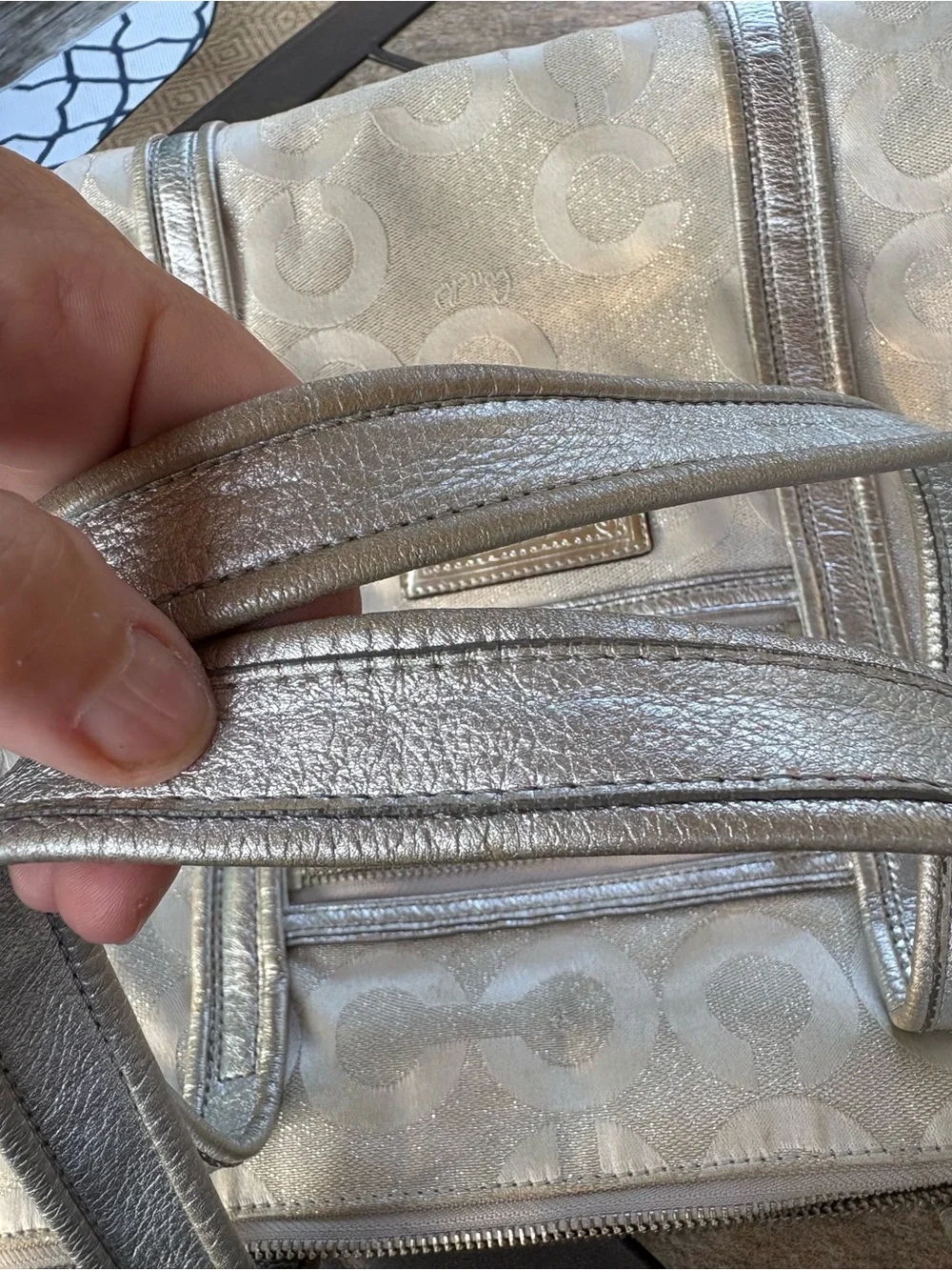 Coach Poppy “Glam” Silver Logo Jacquard Tote with Metallic Accents